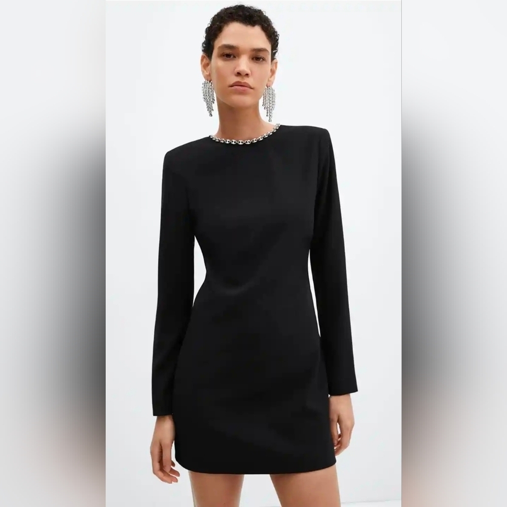 Mango Women’s Black Long Sleeve Collared Open Back Mini Dress M